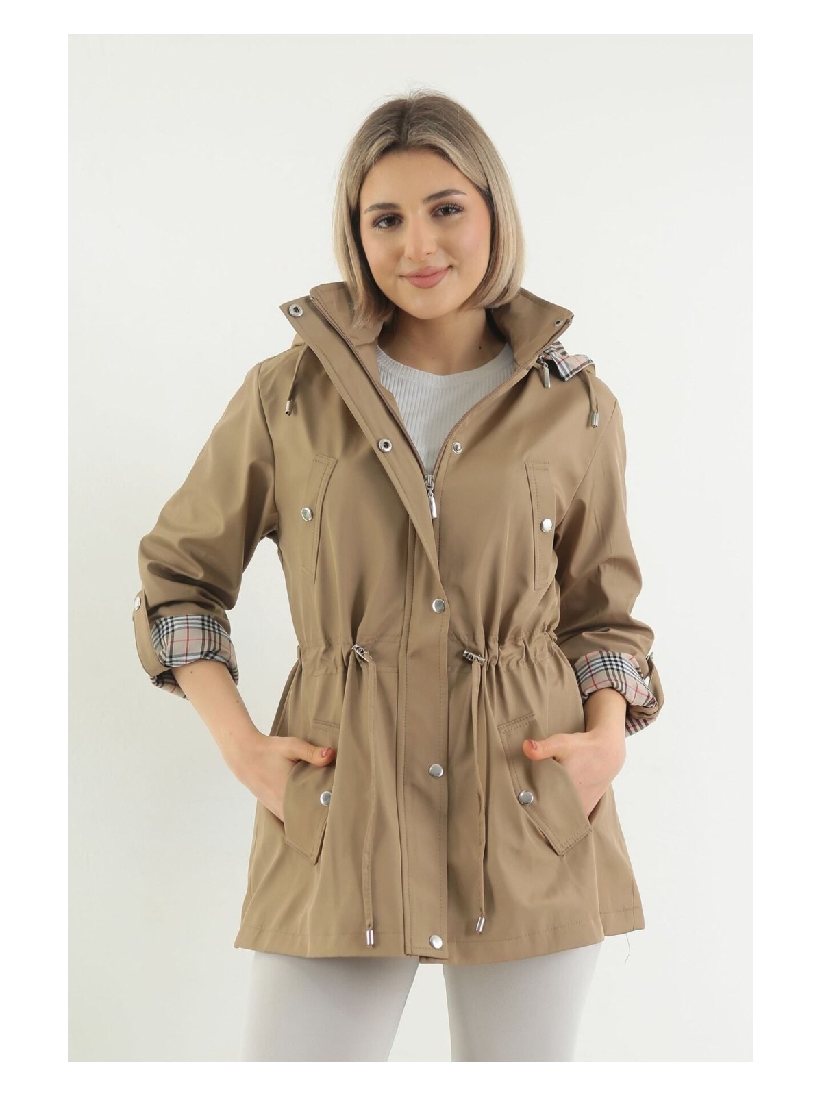 TUTveAL Collection Kadın Suya Dayanıklı Trençkot Kapüşonlu Ekoseli Vizon Trençkot Bonded Kumaş Trençkot - Görsel 3