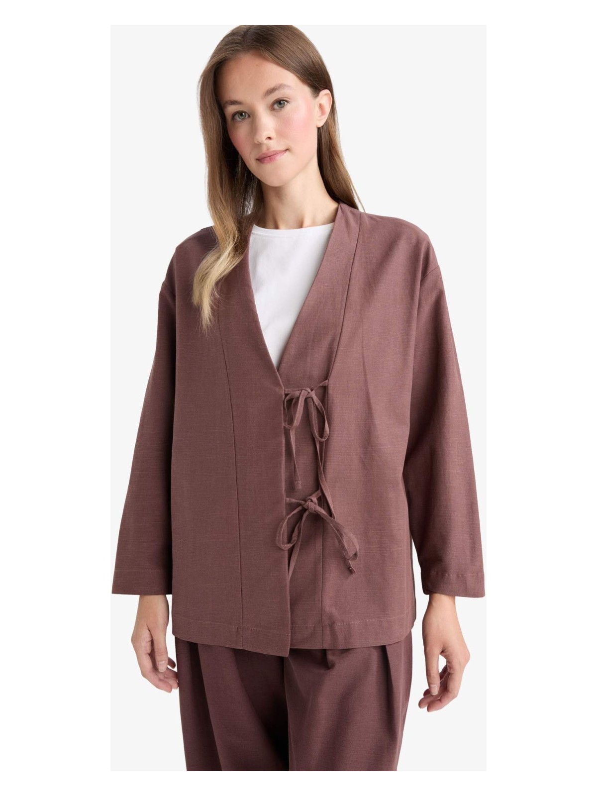 DeFacto Regular Fit V Yaka Keten Karışımlı Kimono F7958AX25AU - Görsel 3