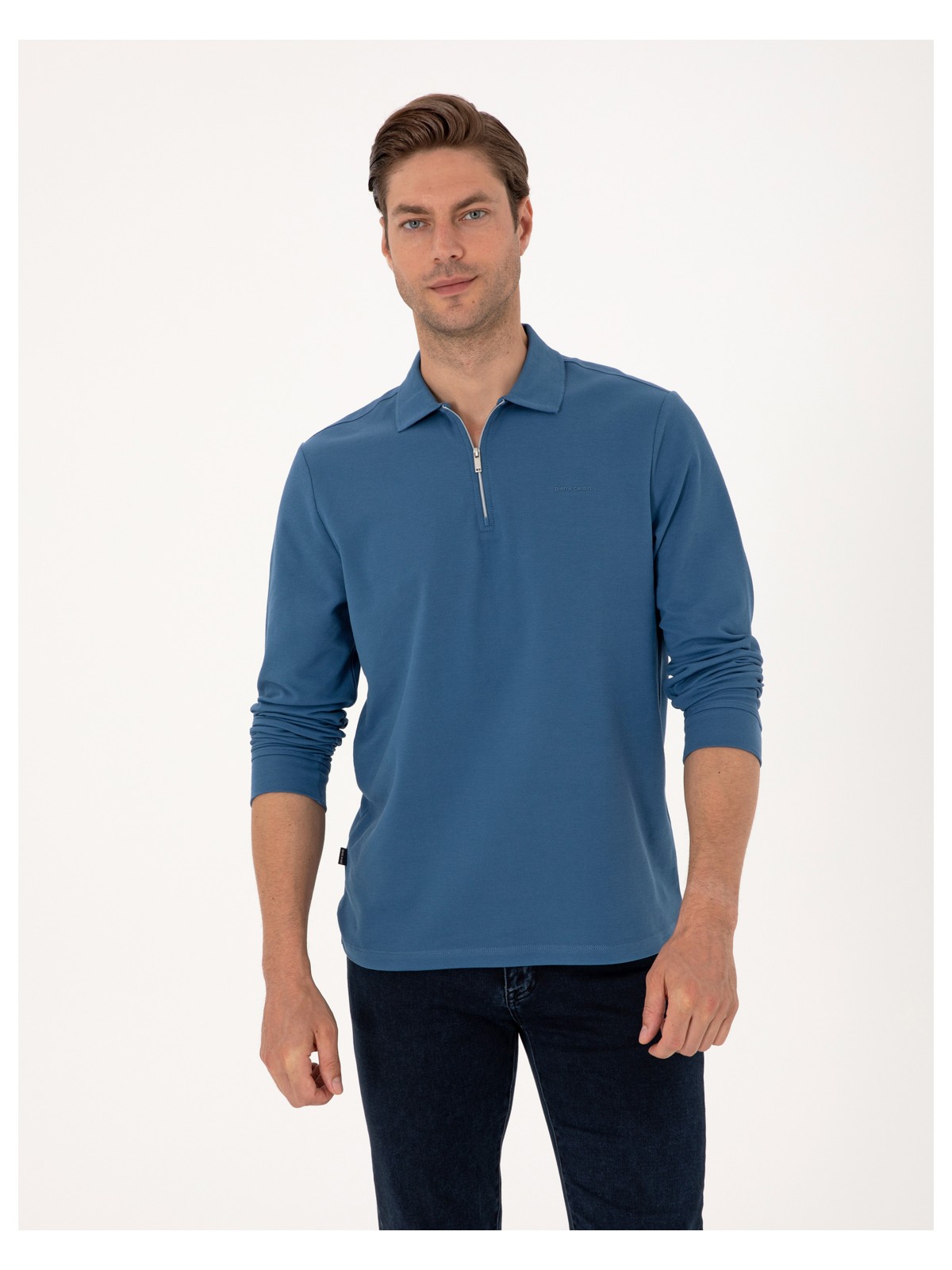 Pierre Cardin Erkek Açık Lacivert Slim Fit Kıvrılmaz Fermuarlı Polo Yaka Basic Pike Sweatshirt 50314046-VR059