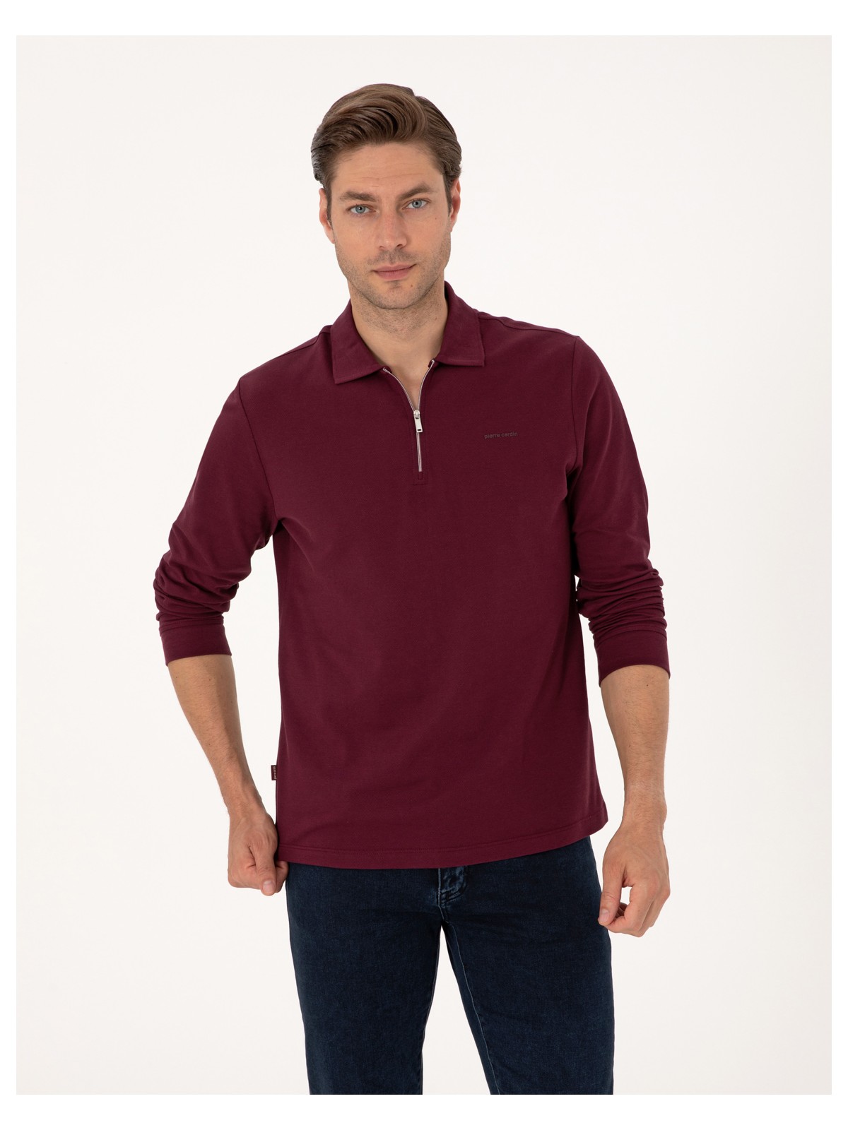 Pierre Cardin Erkek Bordo Slim Fit Kıvrılmaz Fermuarlı Polo Yaka Basic Pike Sweatshirt 50314046-VR014