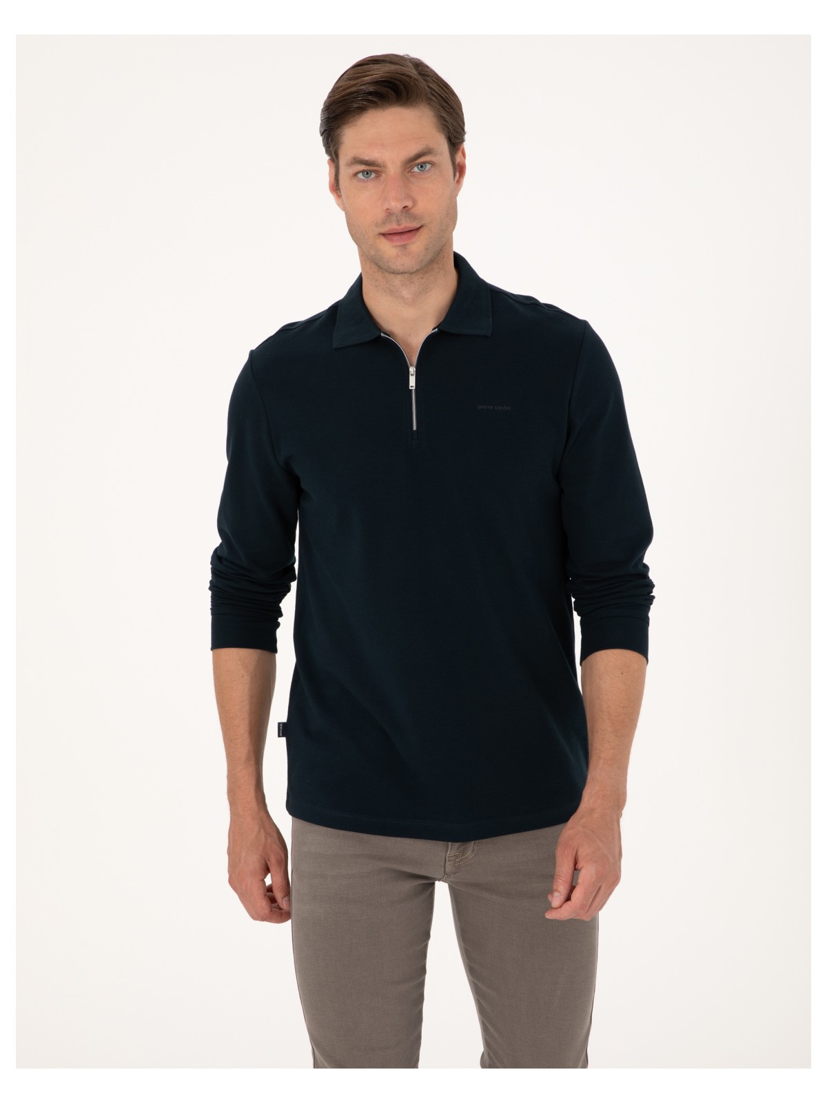 Pierre Cardin Erkek Açık Lacivert Slim Fit Kıvrılmaz Fermuarlı Polo Yaka Basic Pike Sweatshirt 50314046-VR059 - Görsel 6