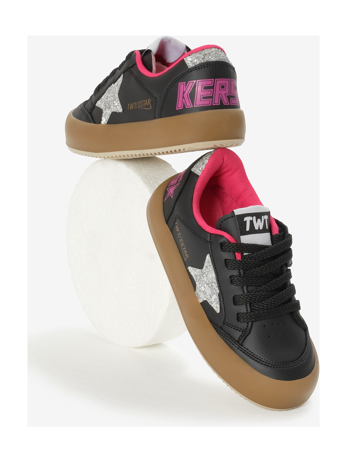 Tonny Black Çocuk Unisex Siyah Gümüş Termo Taban Bağcıklı ve Cırtlı Spor Ayakkabı Yıldız Detaylı