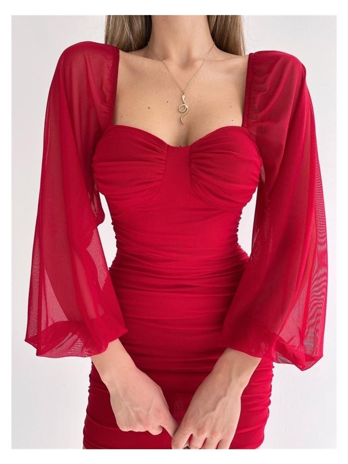 Zf Butik Kadın Elbise Yandan Büzgülü Tül Kolları ile Şık ve Zarif Tasarım - Görsel 4