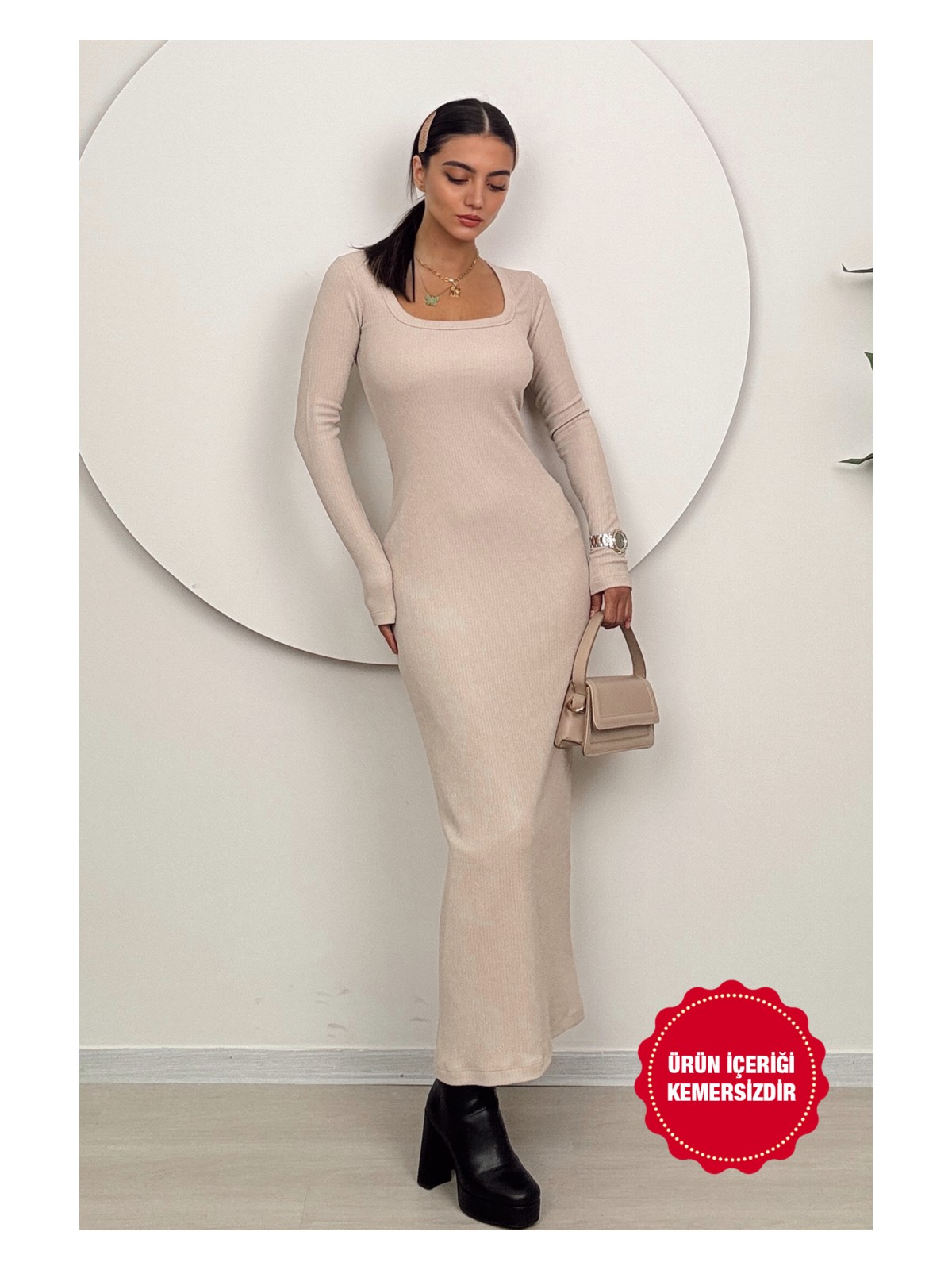 Dolcha Kadın Uzun Kollu Bodycon Taş Triko Elbise - Günlük Şıklık Slim Fit Tasarım