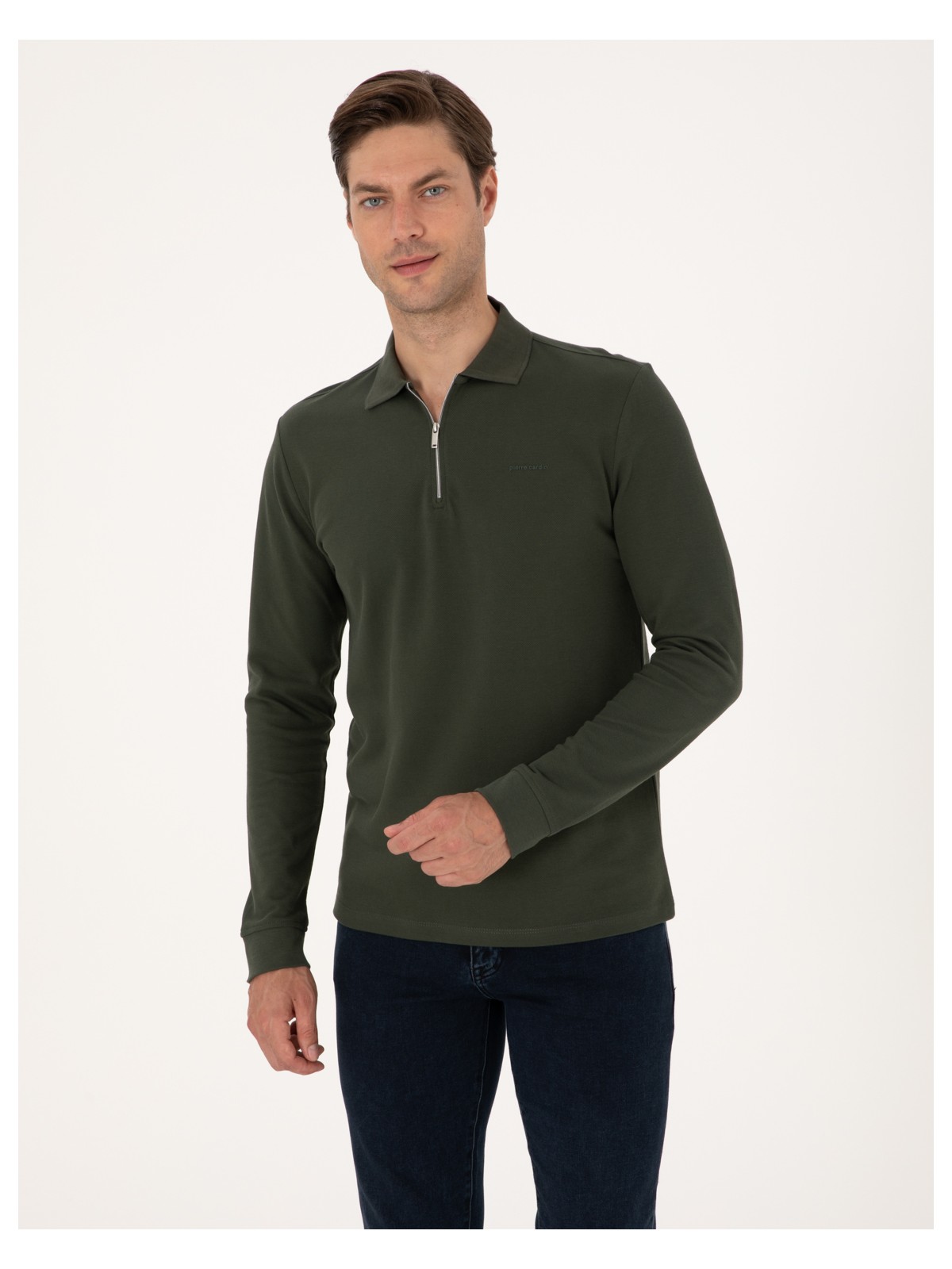 Pierre Cardin Erkek Açık Lacivert Slim Fit Kıvrılmaz Fermuarlı Polo Yaka Basic Pike Sweatshirt 50314046-VR059 - Görsel 8