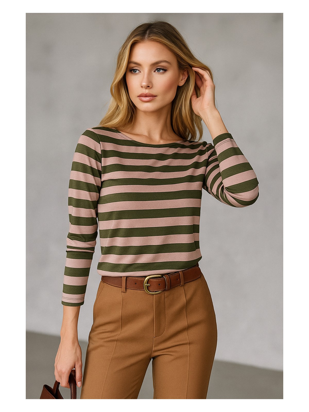 Rich Kadın Çizgili Basic Bluz - Yeşil Pembe- Günlük Rahat Şık Kombin - Yeni Sezon Trend