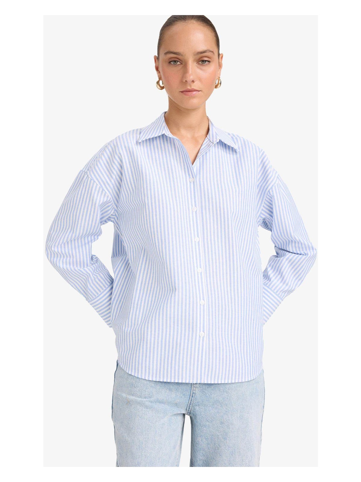 DeFacto Oversize Geniş Kalıp Çizgili Oxford Uzun Kollu Gömlek D4512AX25AU