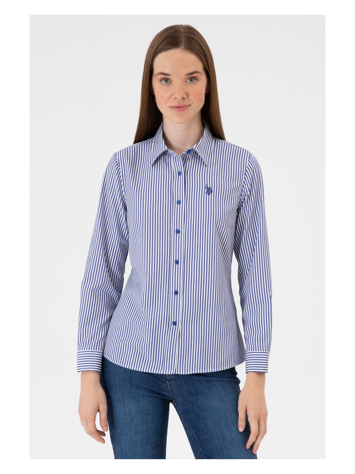 U.S. Polo Assn. Kadın Koyu Yeşil Çizgili Uzun Kollu Gömlek 50316492-VR079 - Görsel 3