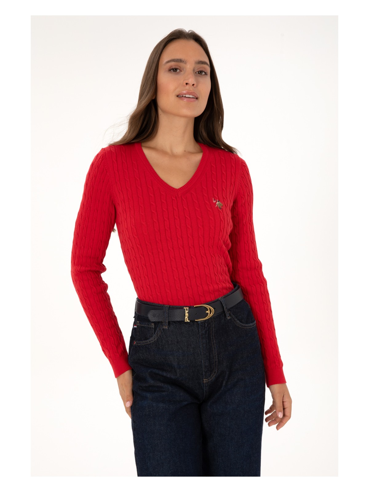 U.S. Polo Assn. Kadın Kırmızı V Yaka Basic Kazak 50307700-VR171