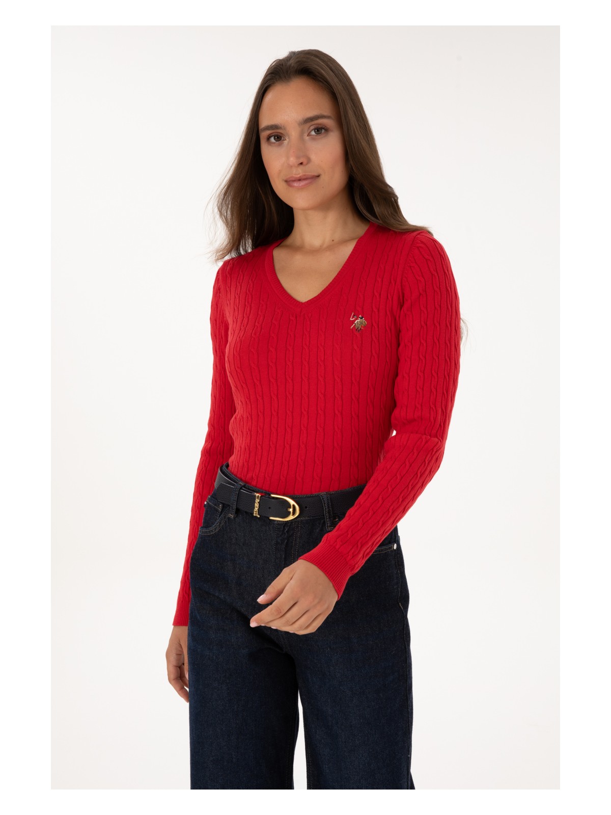 U.S. Polo Assn. Kadın Kırmızı V Yaka Basic Kazak 50307700-VR171 - Görsel 3