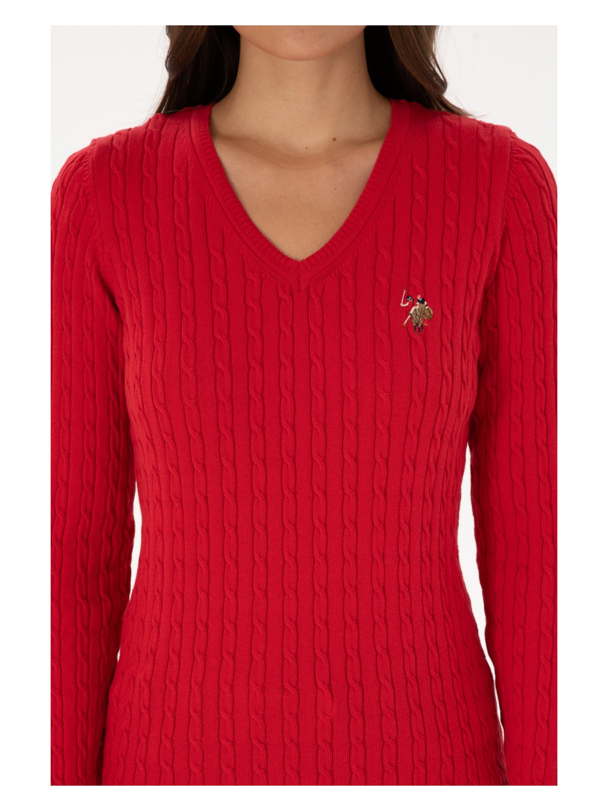 U.S. Polo Assn. Kadın Kırmızı V Yaka Basic Kazak 50307700-VR171 - Görsel 6