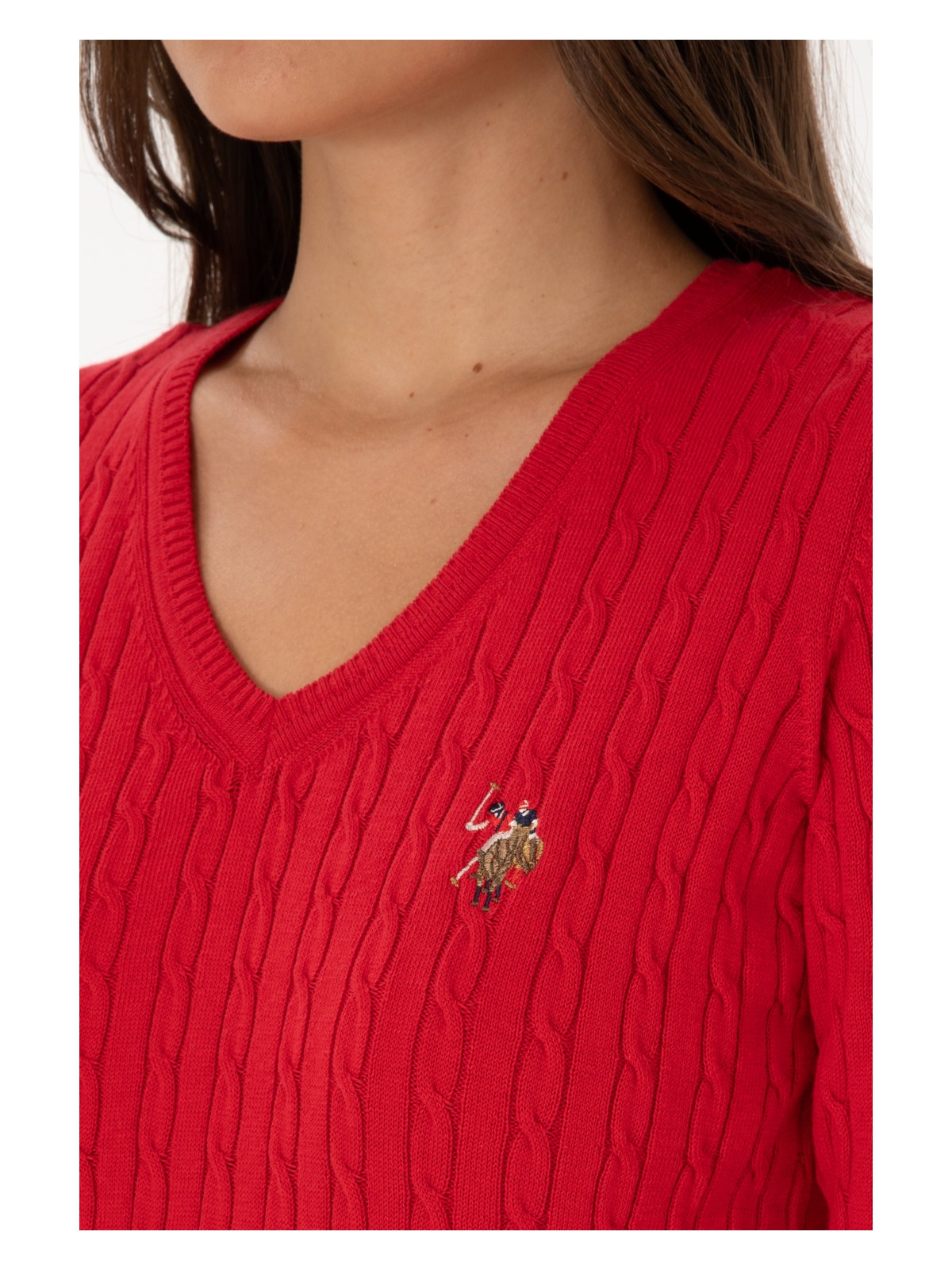 U.S. Polo Assn. Kadın Kırmızı V Yaka Basic Kazak 50307700-VR171 - Görsel 7
