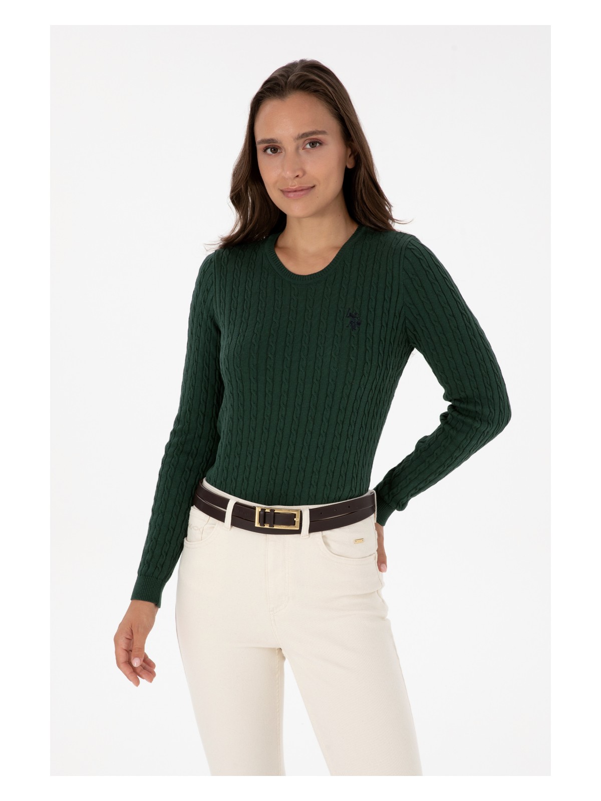 U.S. Polo Assn. Kadın Koyu Yeşil Bisiklet Yaka Basic Kazak 50313626-VR079