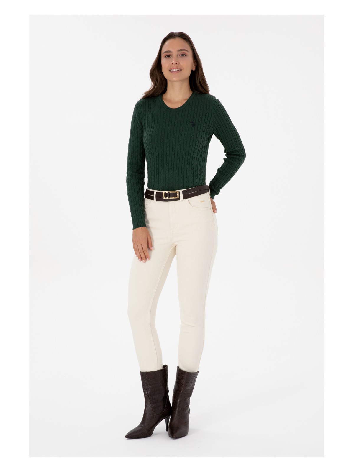 U.S. Polo Assn. Kadın Koyu Yeşil Bisiklet Yaka Basic Kazak 50313626-VR079 - Görsel 4