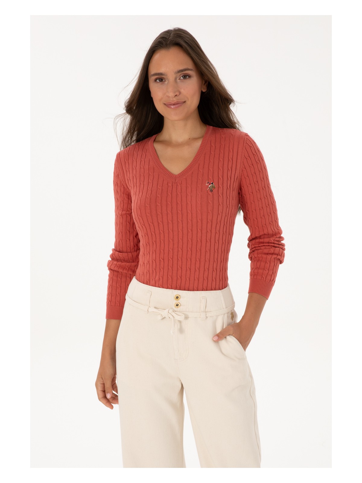 U.S. Polo Assn. Kadın Gül Kurusu V Yaka Basic Kazak 50307700-VR026