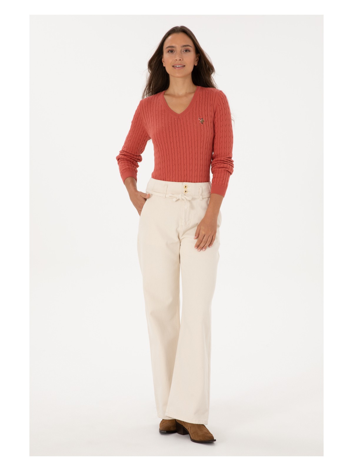 U.S. Polo Assn. Kadın Gül Kurusu V Yaka Basic Kazak 50307700-VR026 - Görsel 4