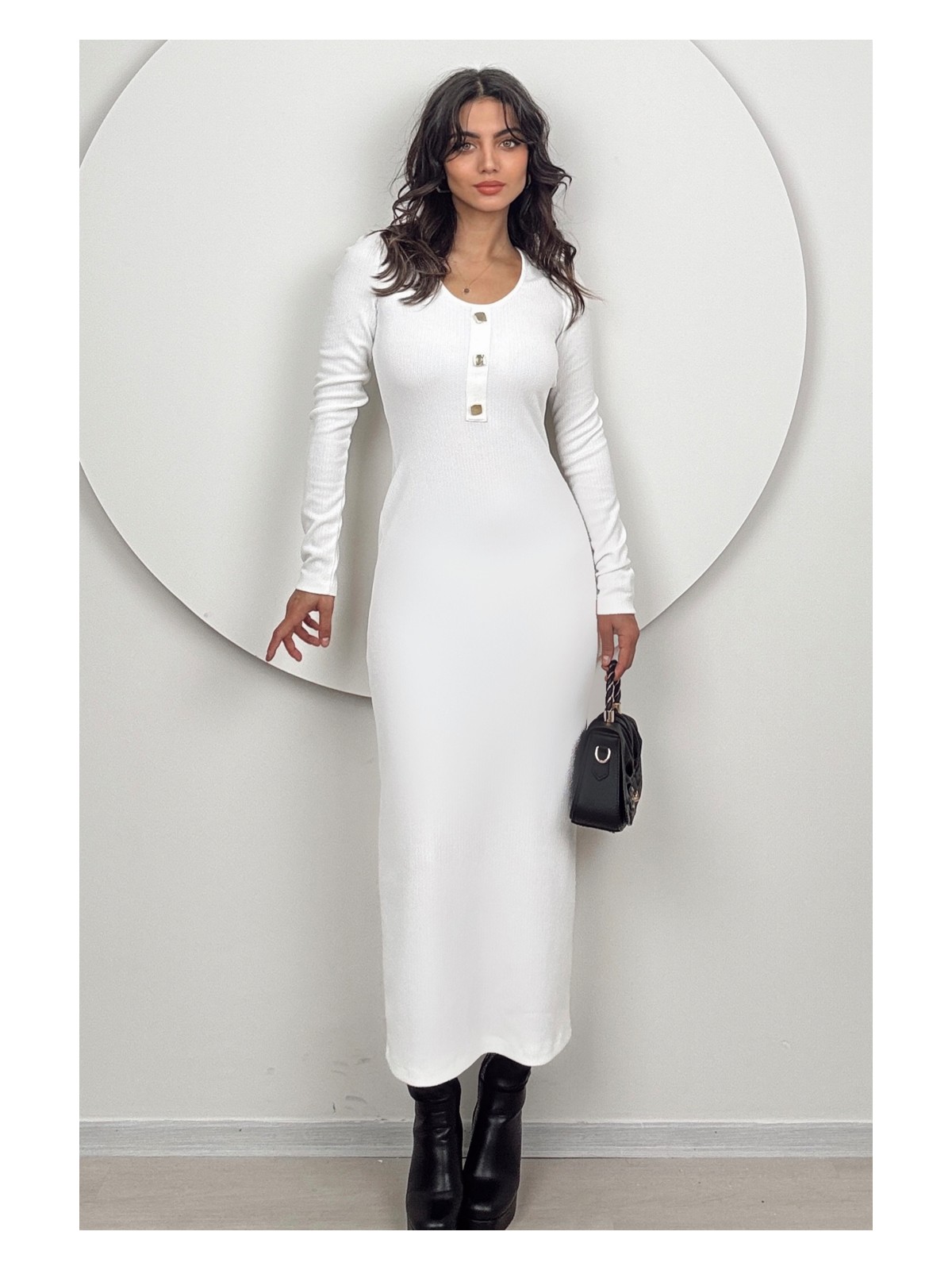 Dolcha Mira Kadın Uzun Kollu Beyaz Slim Fit Triko Elbise Ofis İçin Zarif V Yaka Düğmeli Tasarım