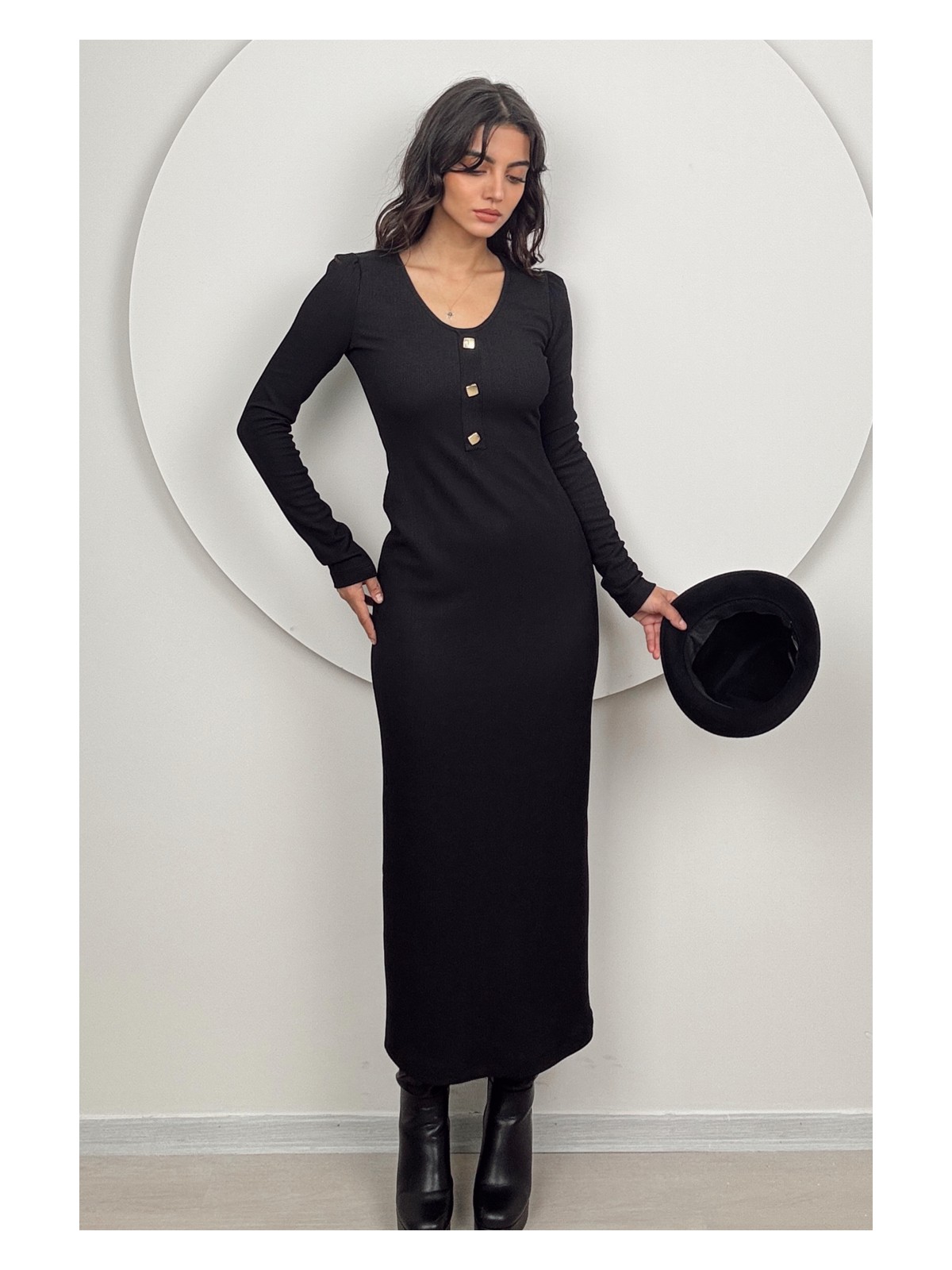 Dolcha Mira Kadın Uzun Kollu Beyaz Slim Fit Triko Elbise Ofis İçin Zarif V Yaka Düğmeli Tasarım - Görsel 4