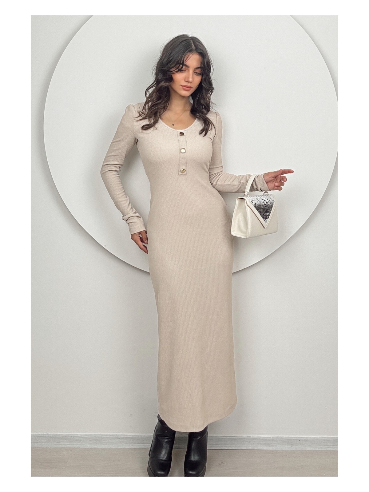 Dolcha Mira Kadın Uzun Kollu Beyaz Slim Fit Triko Elbise Ofis İçin Zarif V Yaka Düğmeli Tasarım - Görsel 5