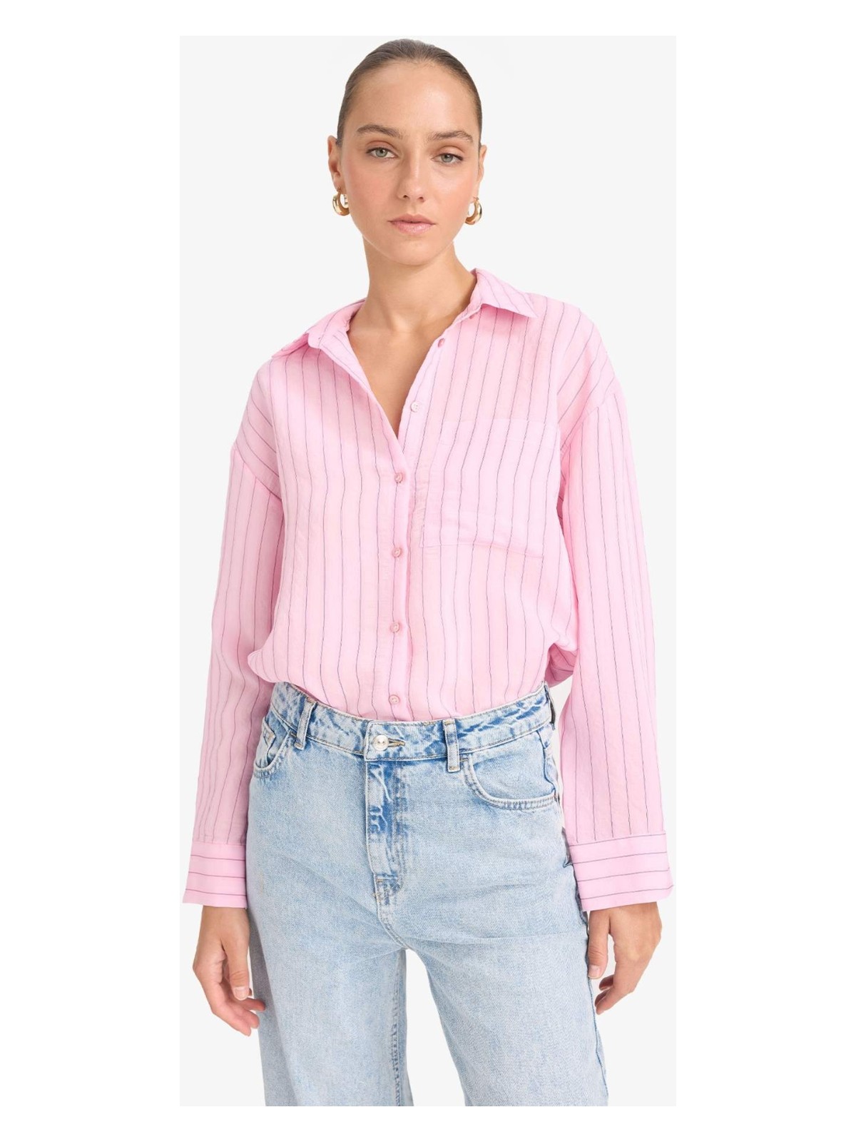 DeFacto Oversize Geniş Kalıp Çizgili Modal Uzun Kollu Gömlek G0044AX25AU