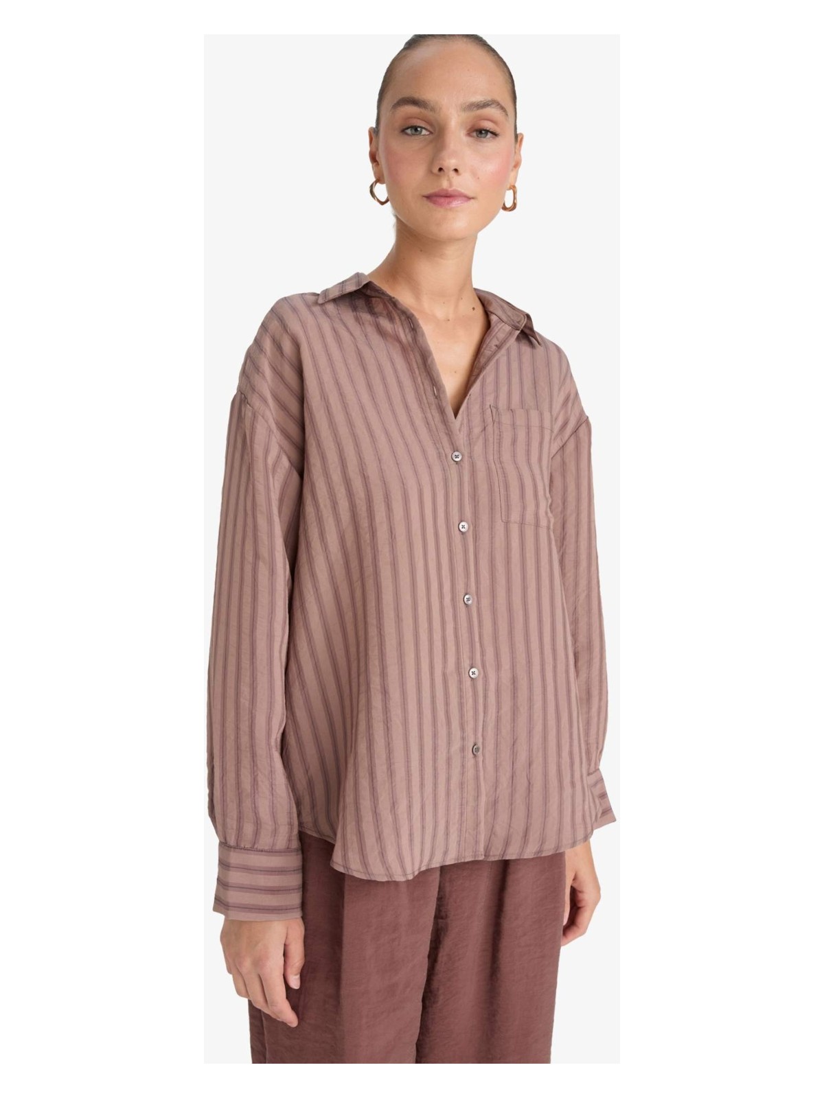 DeFacto Oversize Geniş Kalıp Çizgili Modal Uzun Kollu Gömlek G0044AX25AU - Görsel 3