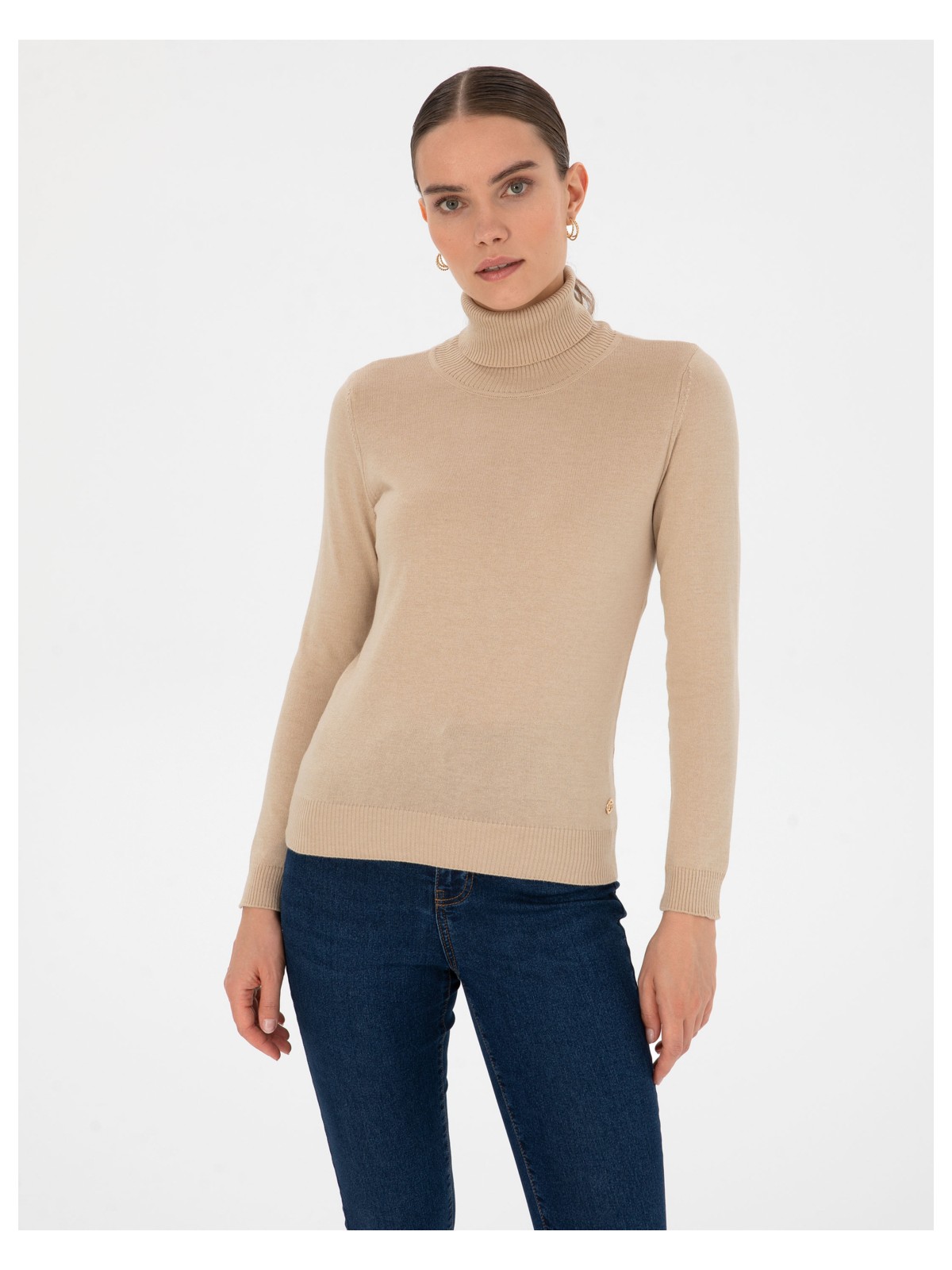 Pierre Cardin Kadın Bej Slim Fit Balıkçı Yaka Basic Kazak 50315747-VR011