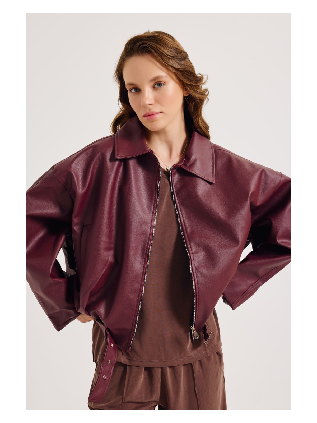 Meecy Woman Kadın Yeni Sezon Oversize Bomber Deri Ceket