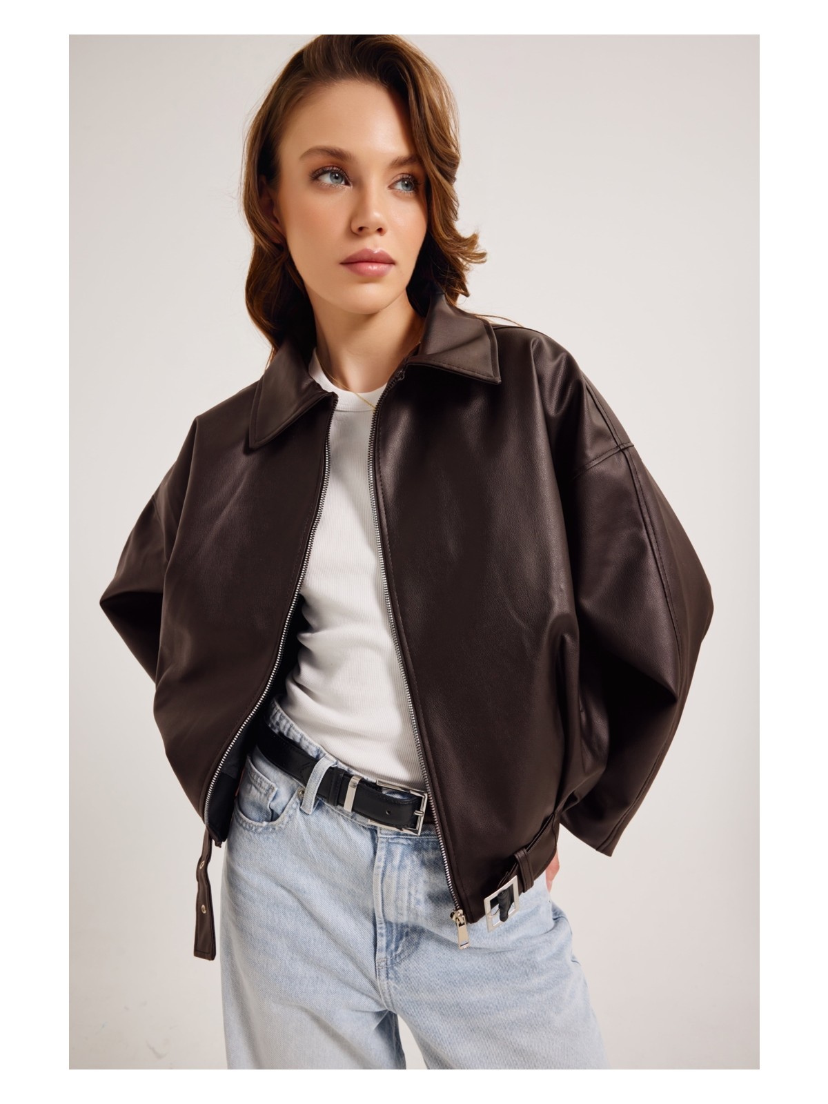 Meecy Woman Kadın Yeni Sezon Oversize Bomber Deri Ceket