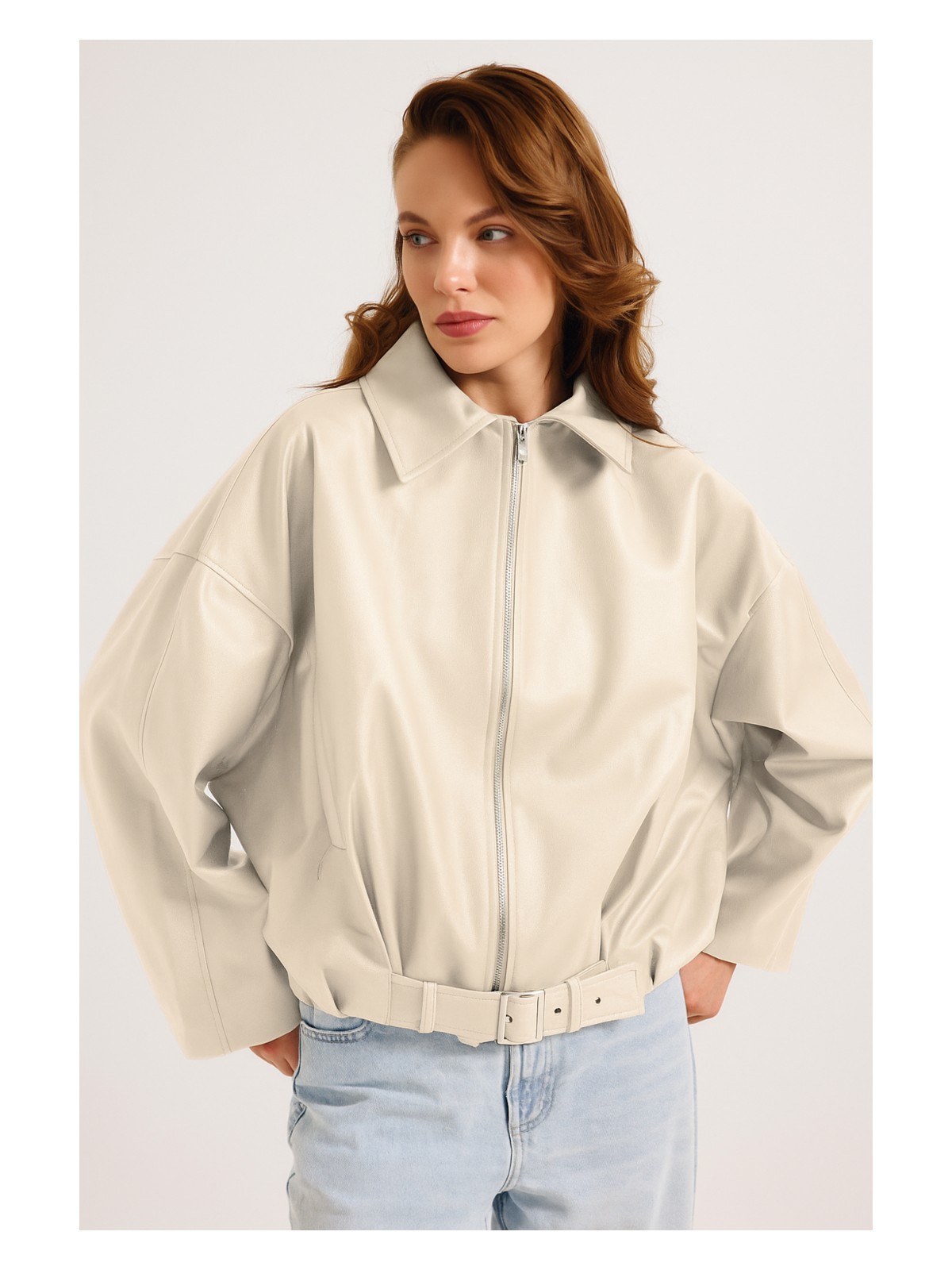 Meecy Woman Kadın Yeni Sezon Oversize Bomber Deri Ceket - Görsel 6