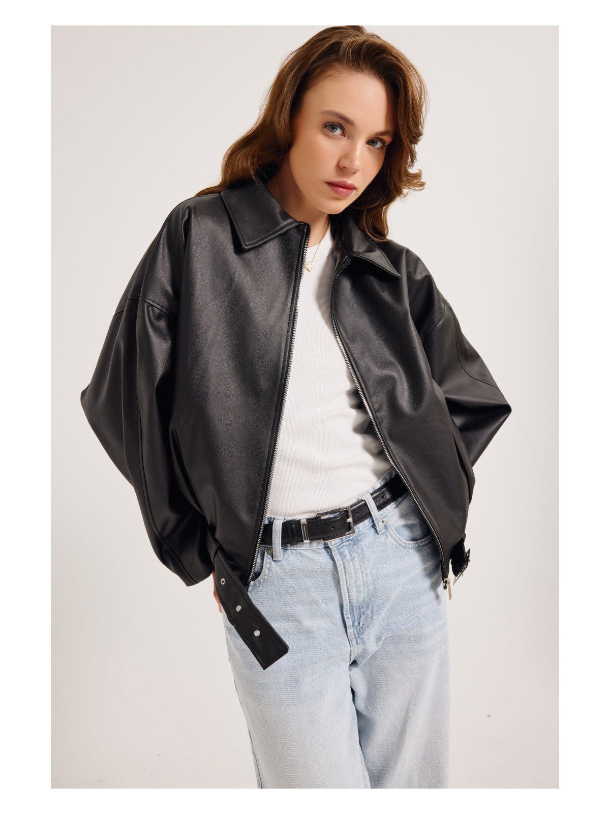 Meecy Woman Kadın Yeni Sezon Oversize Bomber Deri Ceket - Görsel 4