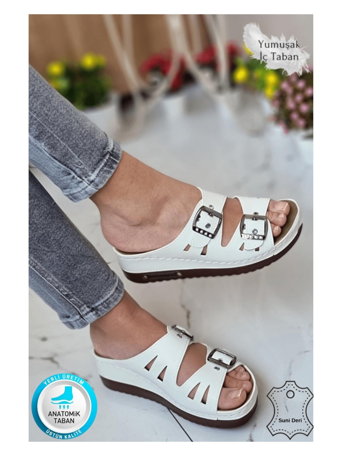 Neon Shoes Darma Kadın Günlük Terlik Çift Bant Taşlı Tokalı Ortopedik Taban Anne Dışarı & Ev İçi Terliği - Görsel 3