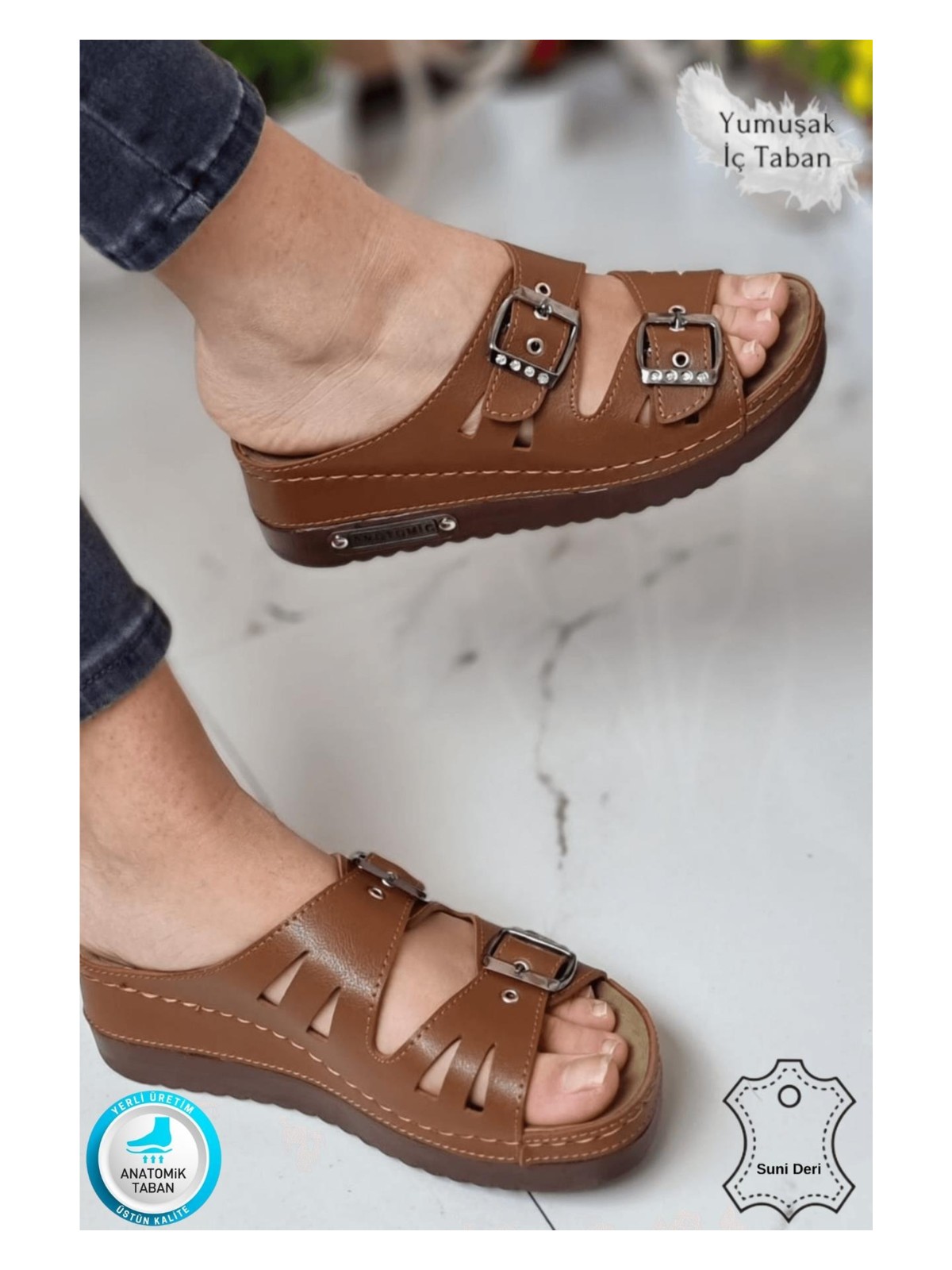 Neon Shoes Darma Kadın Günlük Terlik Çift Bant Taşlı Tokalı Ortopedik Taban Anne Dışarı & Ev İçi Terliği