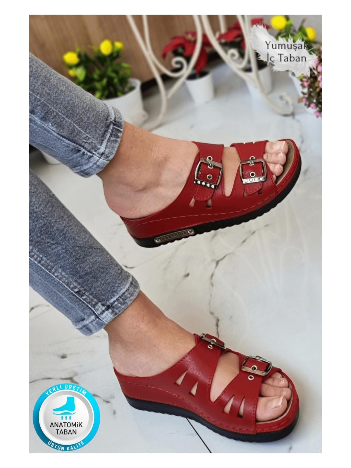 Neon Shoes Darma Kadın Günlük Terlik Çift Bant Taşlı Tokalı Ortopedik Taban Anne Dışarı & Ev İçi Terliği