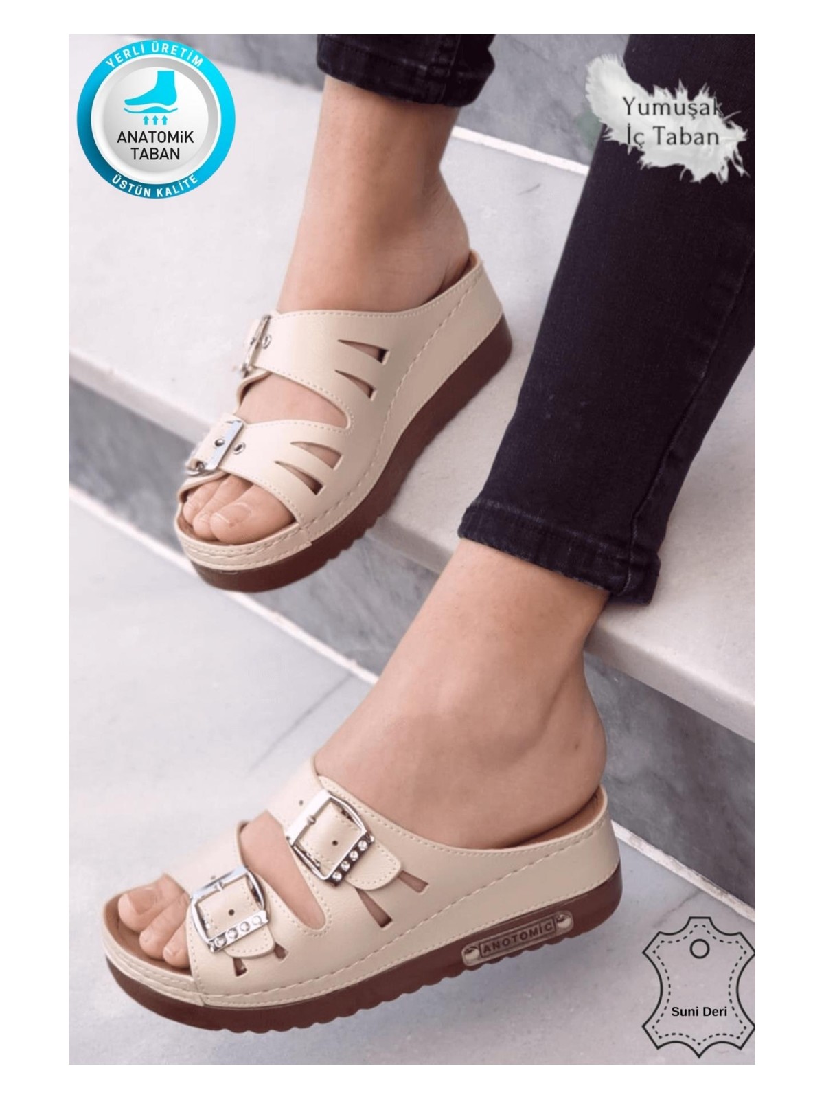 Neon Shoes Darma Kadın Günlük Terlik Çift Bant Taşlı Tokalı Ortopedik Taban Anne Dışarı & Ev İçi Terliği - Görsel 7