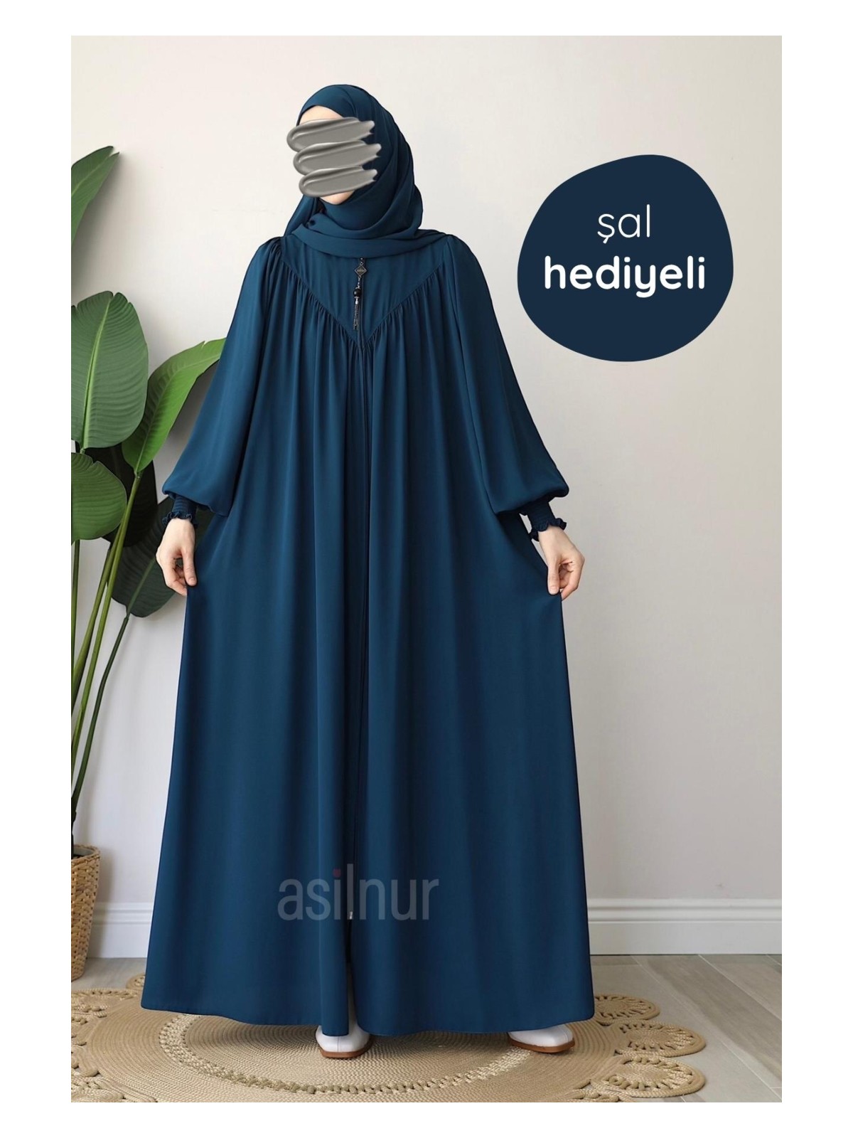 Asilnur Moda Elif Ferace Şal Hediyeli Takım Petrol Mavisi