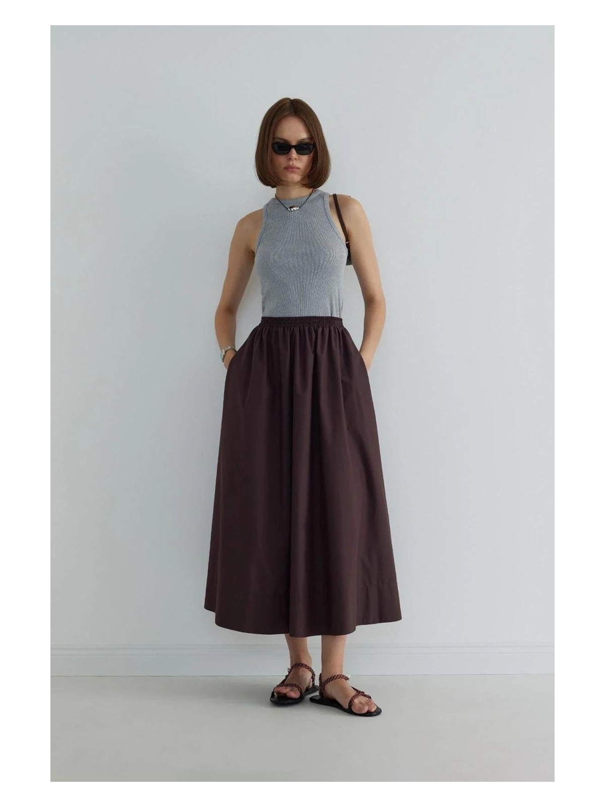 Suud Collection Kahverengi Day Poplin Kloş Etek