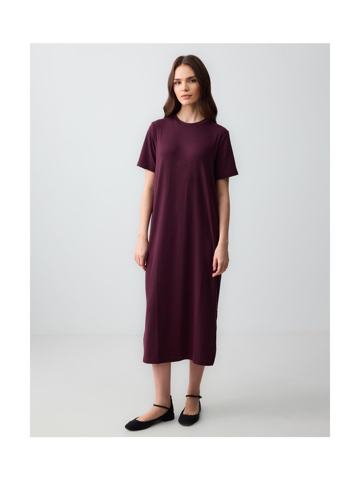 Jimmy Key Bordo Düz Kesim Bisiklet Yaka Kısa Kollu Örme Elbise