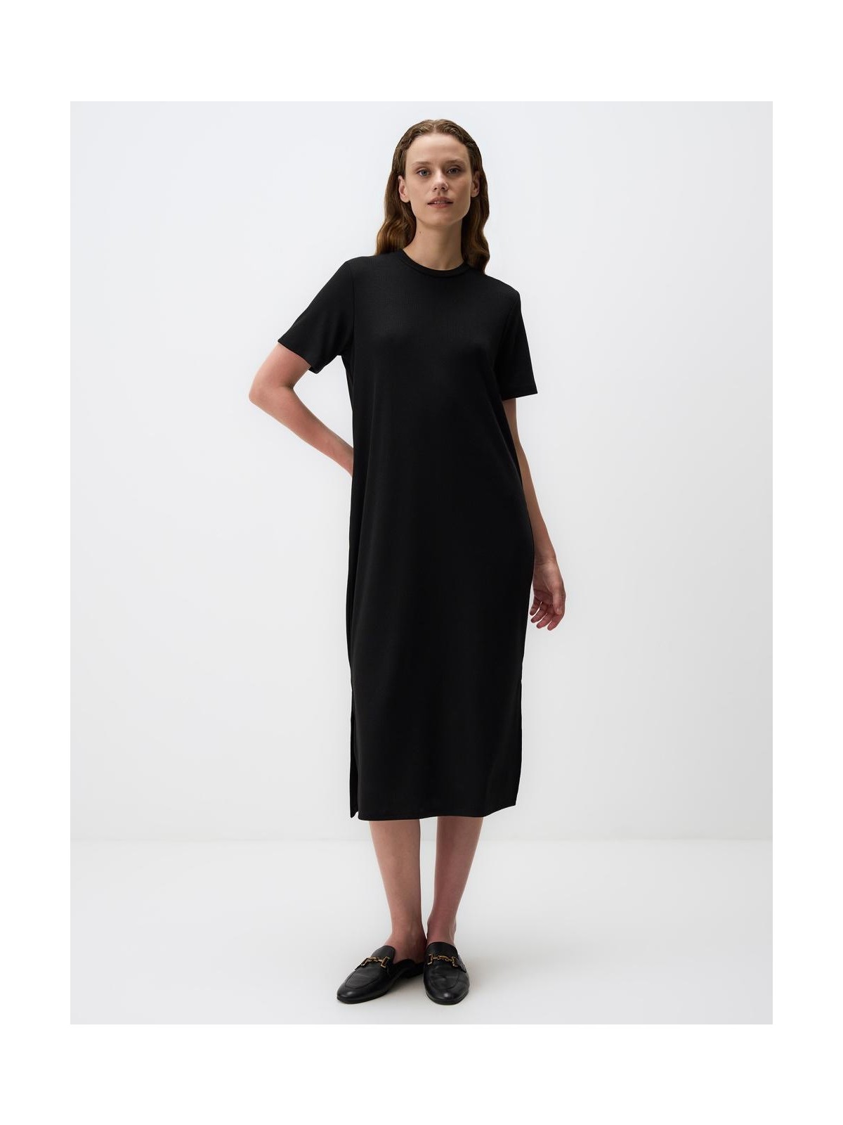 Jimmy Key Bordo Düz Kesim Bisiklet Yaka Kısa Kollu Örme Elbise - Görsel 3