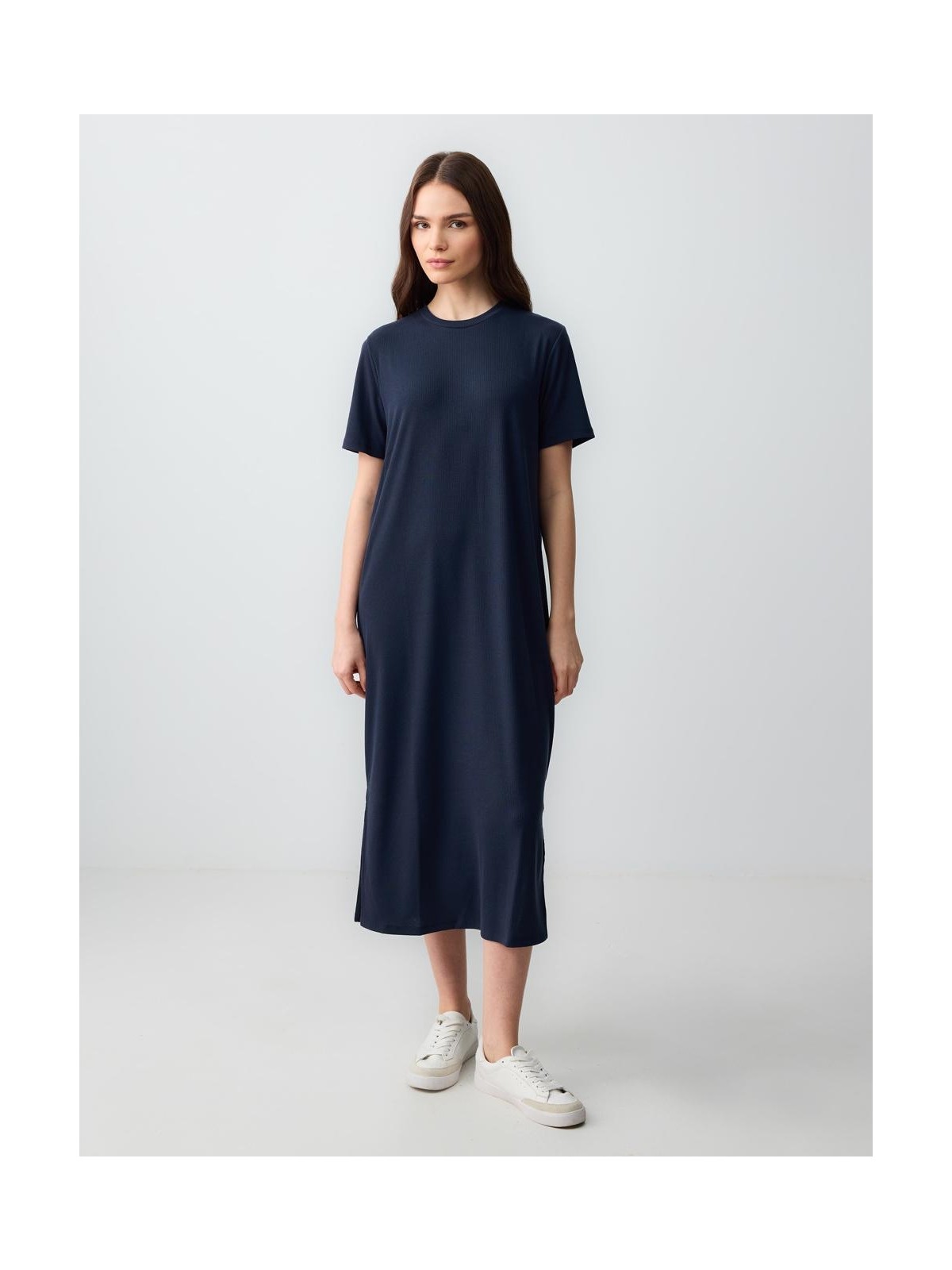 Jimmy Key Bordo Düz Kesim Bisiklet Yaka Kısa Kollu Örme Elbise - Görsel 4