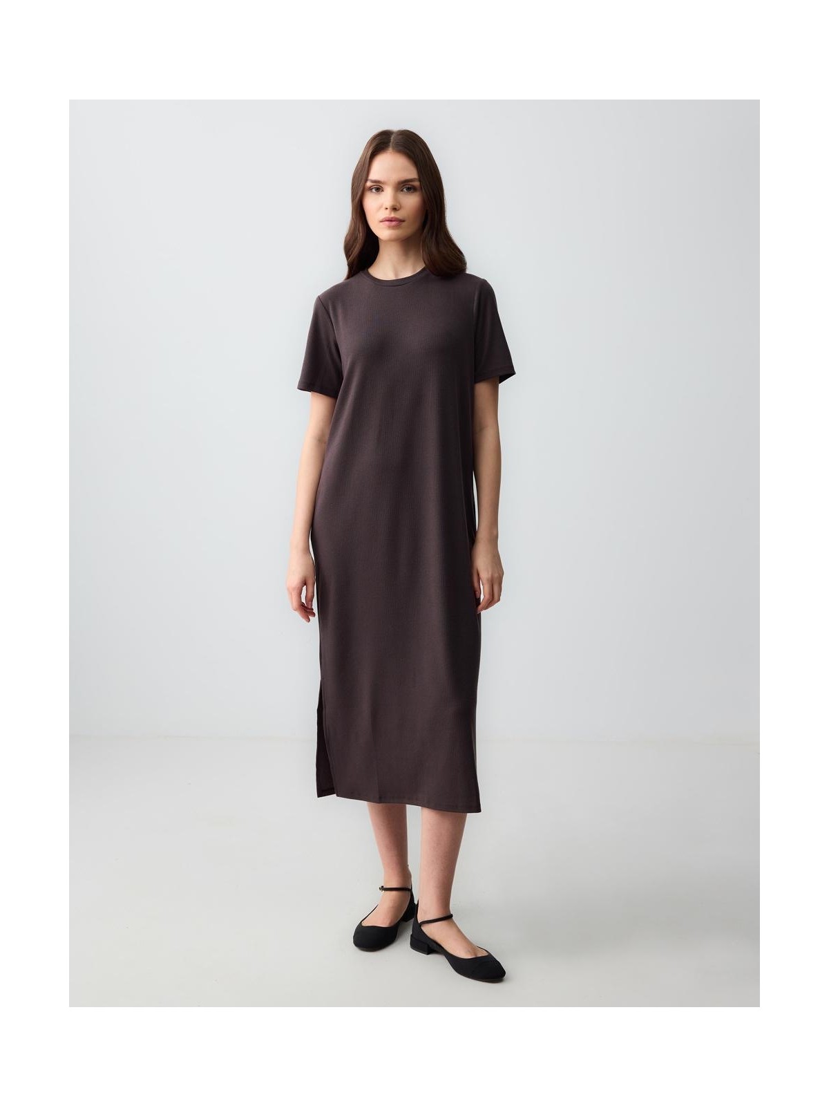 Jimmy Key Bordo Düz Kesim Bisiklet Yaka Kısa Kollu Örme Elbise - Görsel 5