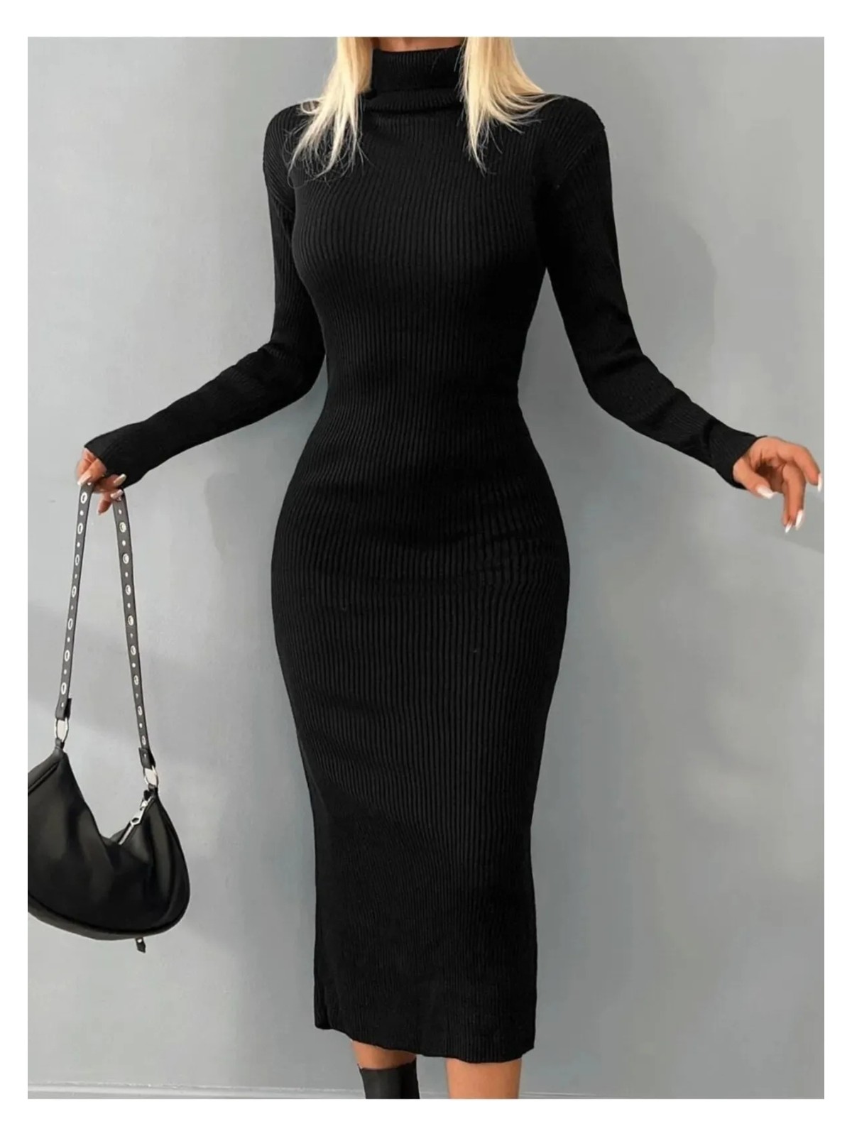 Lumuteks Balıkçı Yaka Midi Boy Fitilli Triko Kalem Elbise