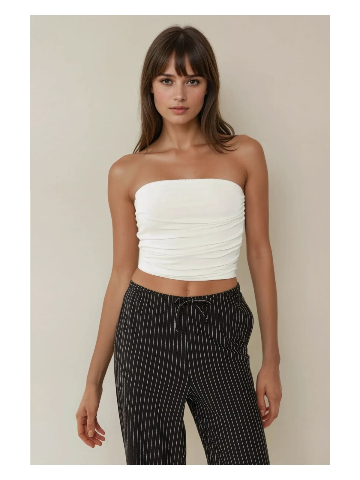 Hiccup Kadınlar Askısız Drapeli Crop Top Beyaz - Görsel 10