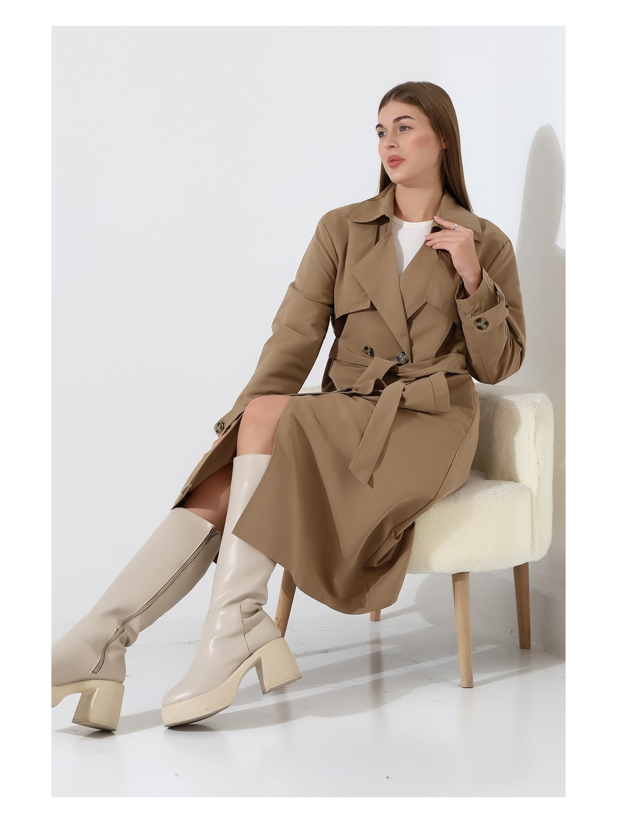 Alinda Amazon Keten Kumaş Diz Altı Astaralı Degaje Yaka Düğmeli Yeni Tarz Trenç Kot Vizon