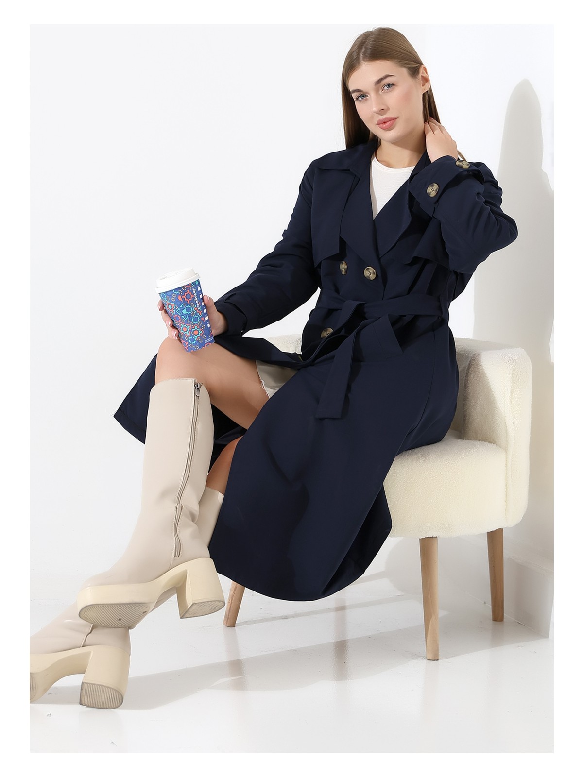 Alinda Amazon Keten Kumaş Diz Altı Astaralı Degaje Yaka Düğmeli Yeni Tarz Trenç Kot Vizon - Görsel 6