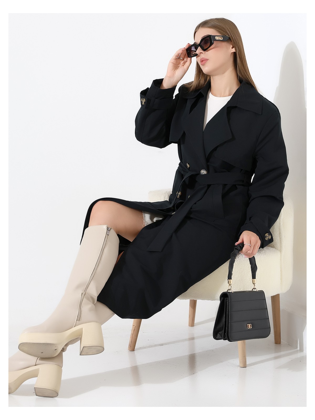 Alinda Amazon Keten Kumaş Diz Altı Astaralı Degaje Yaka Düğmeli Yeni Tarz Trenç Kot Taş - Görsel 9