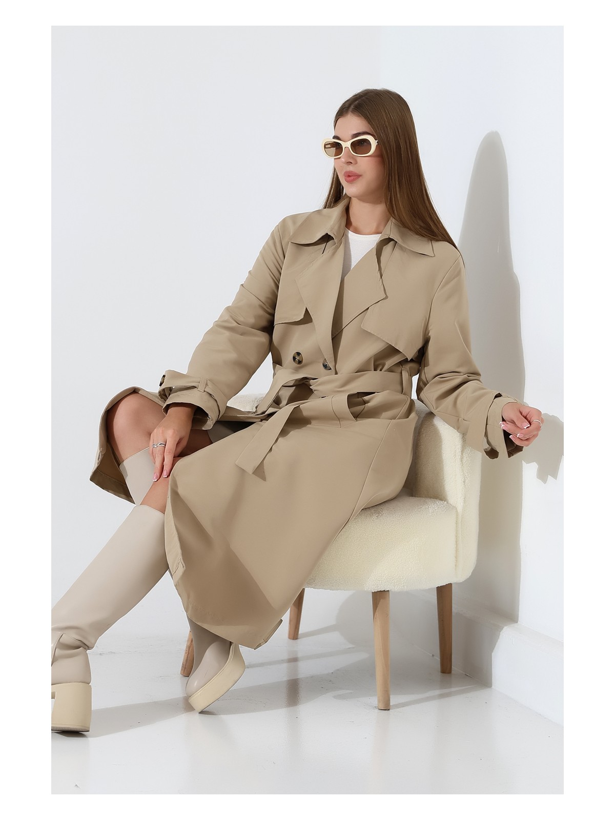 Alinda Amazon Keten Kumaş Diz Altı Astaralı Degaje Yaka Düğmeli Yeni Tarz Trenç Kot Taş