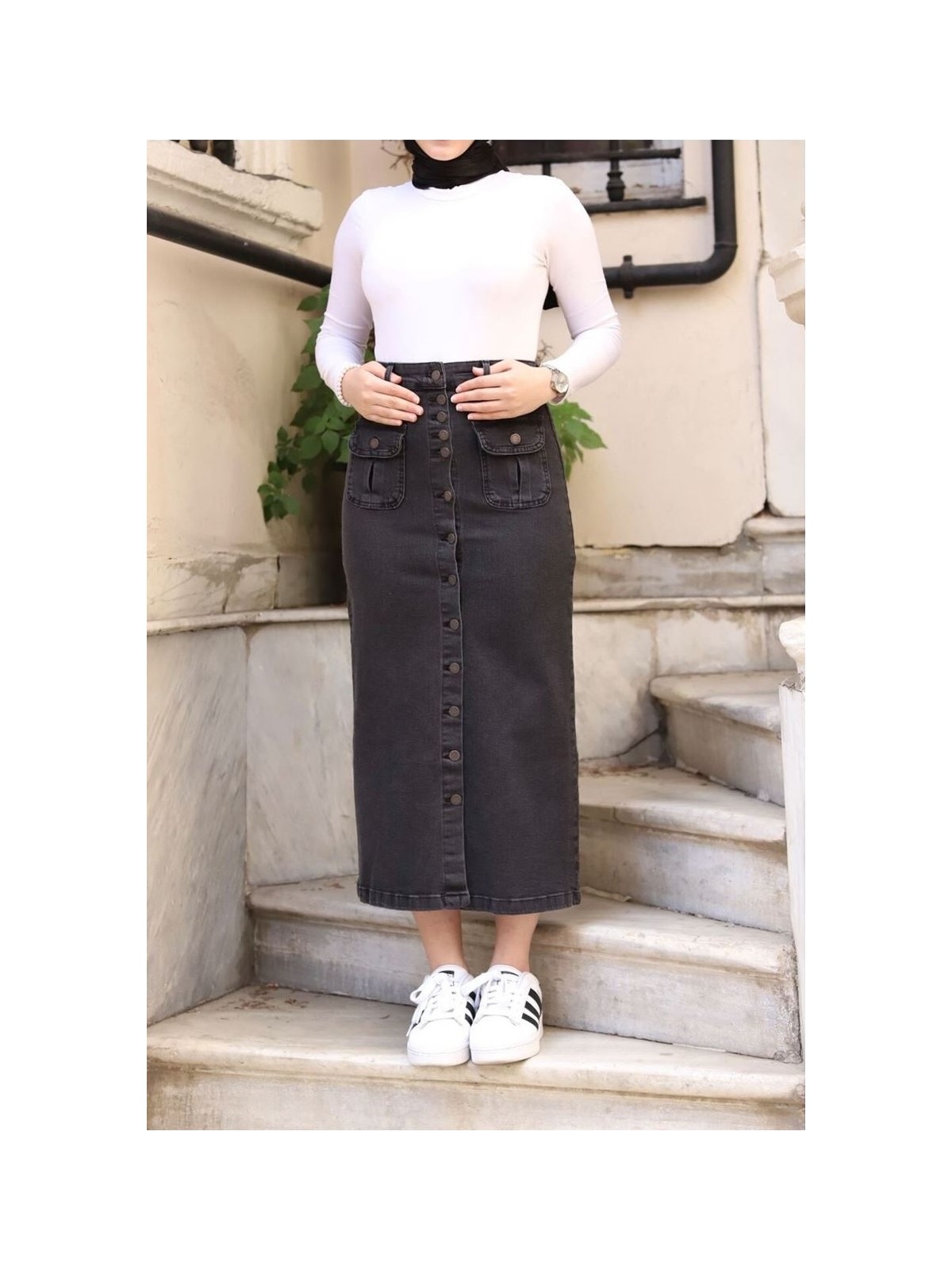 Vellichor Boydan Düğmeli Körük Cepli Tesettür Etek Antrasit