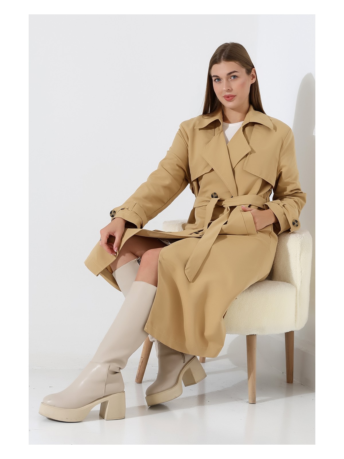 Alinda Amazon Keten Kumaş Diz Altı Astaralı Degaje Yaka Düğmeli Yeni Tarz Trenç Kot Vizon - Görsel 8