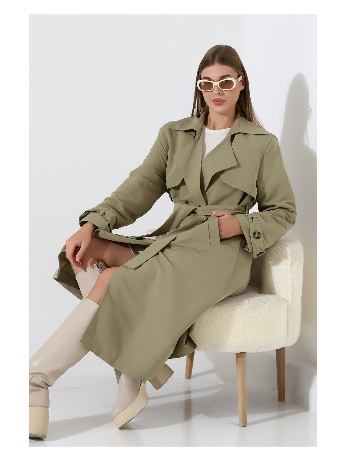 Alinda Amazon Keten Kumaş Diz Altı Astaralı Degaje Yaka Düğmeli Yeni Tarz Trenç Kot Vizon - Görsel 5