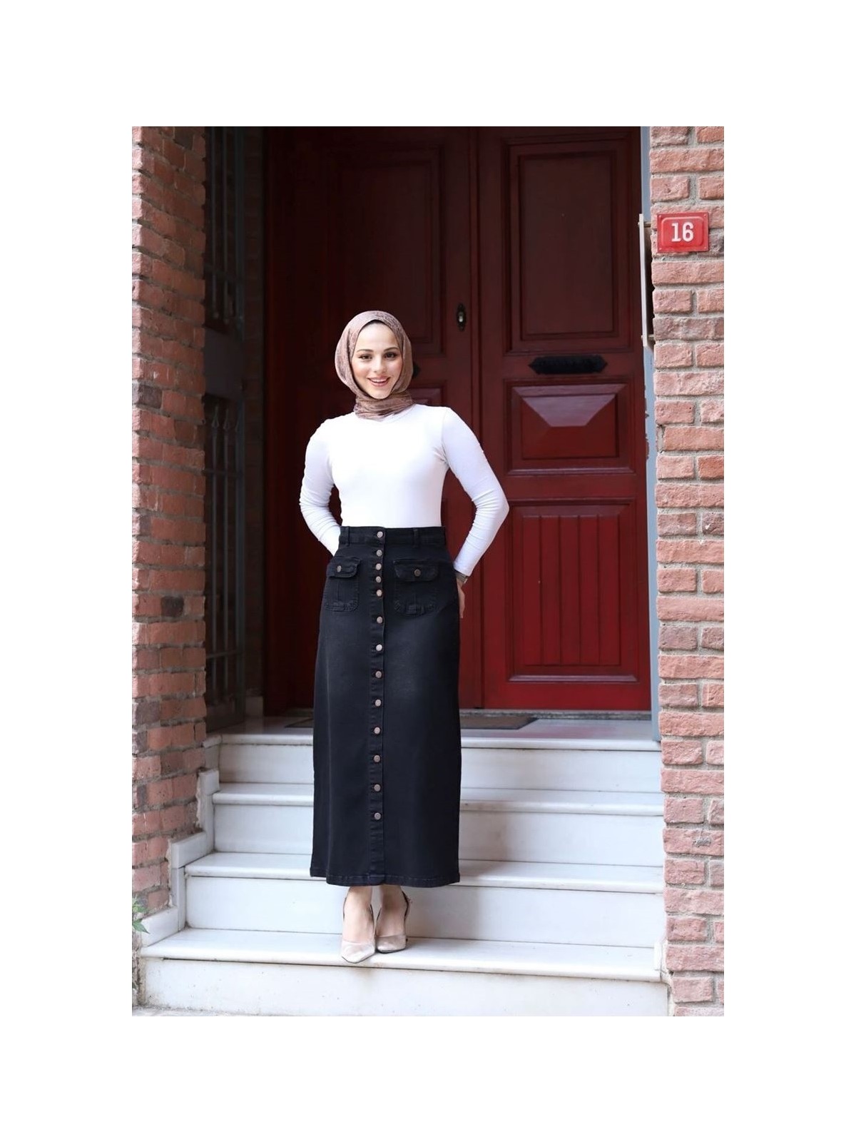 Vellichor Boydan Düğmeli Körük Cepli Tesettür Etek Antrasit - Görsel 6